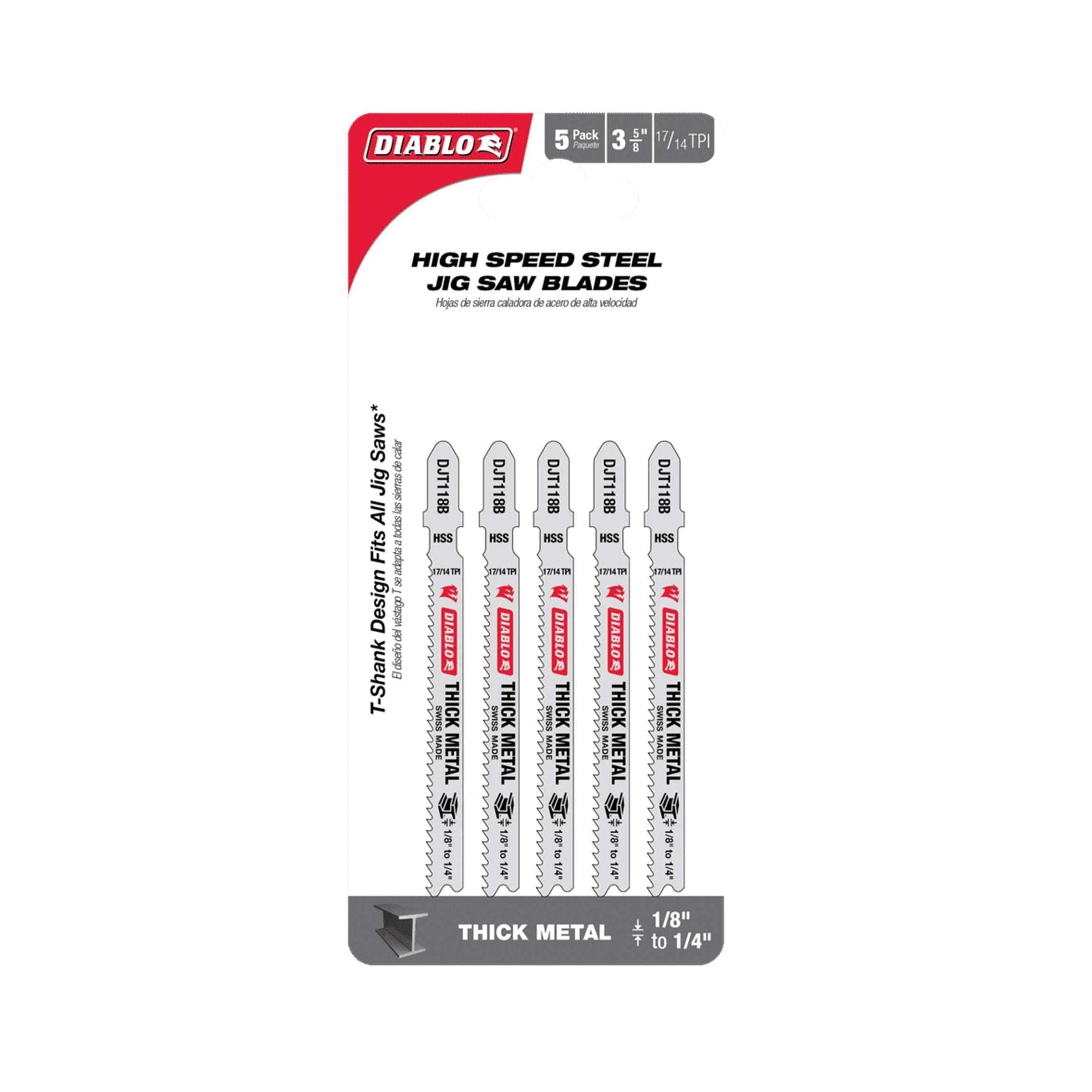 The Diablo DJT118B5 3-5/8 in. high-speed steel jig saw blades feature a T-shank design and come in a 5-pack, ideal for cutting thick metal ranging from 1/8 to 1/4.